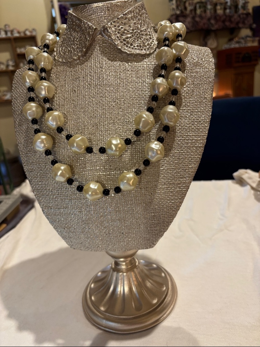 Classic Pearl-Style Double Strand Necklace - Ivory & Black